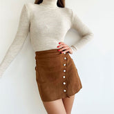 High Waist Scalloped Suede Wrap Mini Skirt - Brown